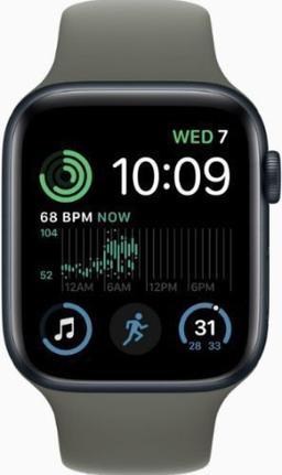 Apple Watch SE 2nd Gen (2022) (GPS) - 32GB - 44mm - Midnight Aluminum Case with Olive Rubber Sport Band - Medium/Large Size