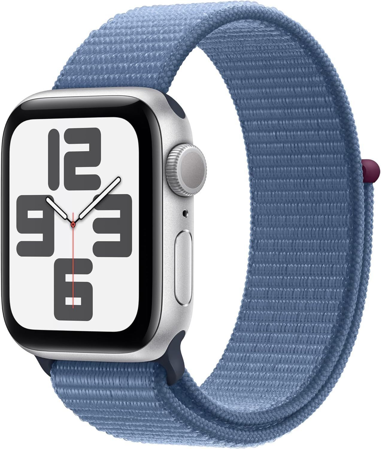 Apple Watch SE 2nd Gen (2022) (Cellular + GPS) - 32GB - 44mm - Silver Aluminum Case with Winter Blue Textile Sport Loop Band - One Size