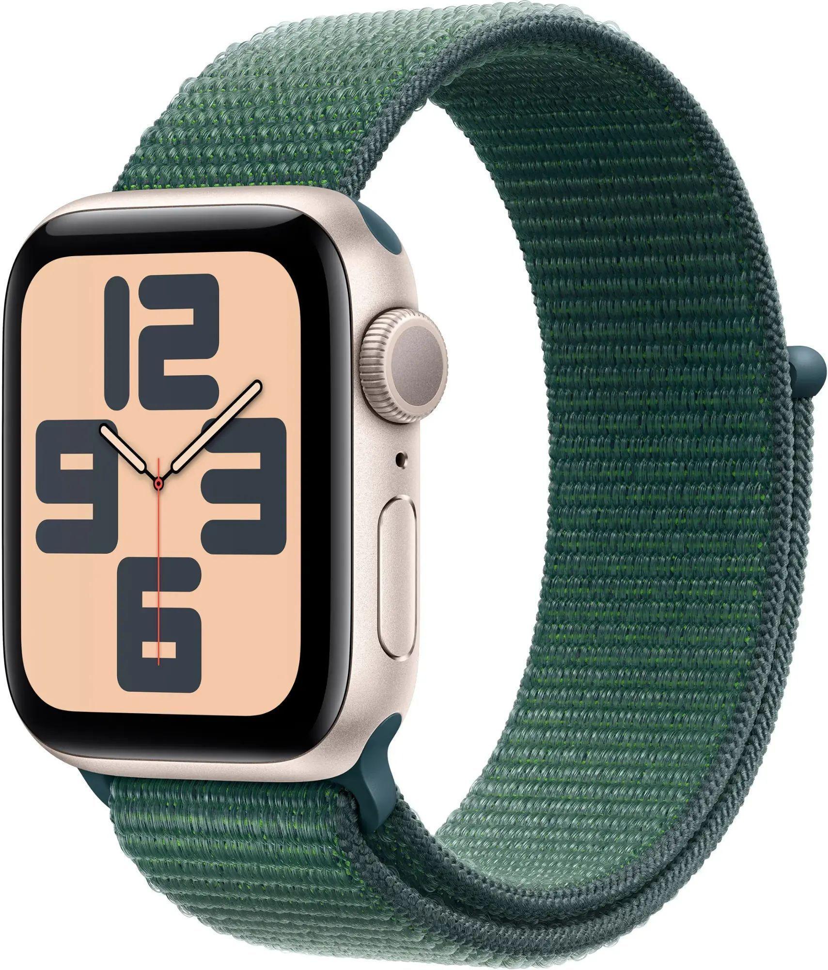 Apple Watch SE 2nd Gen (2022) (Cellular + GPS) - 32GB - 40mm - Starlight Aluminum Case with Lake Green Textile Sport Loop Band - Medium/Large Size