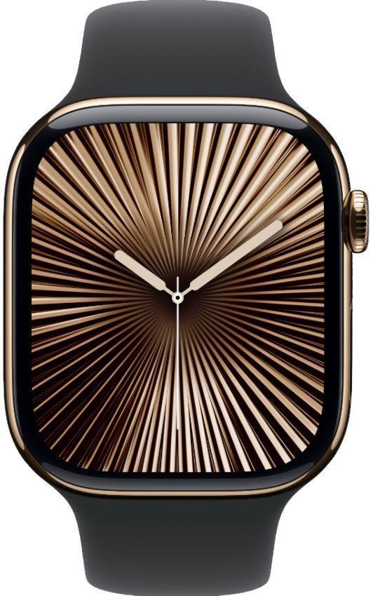 Apple Watch Series 10 (Cellular + GPS) - 64GB - 42mm - Gold Titanium Case with Black Rubber Sport Band - S/M Size