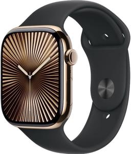 Apple Watch Series 10 (Cellular + GPS) - 64GB - 42mm - Gold Titanium Case with Black Rubber Sport Band - S/M Size