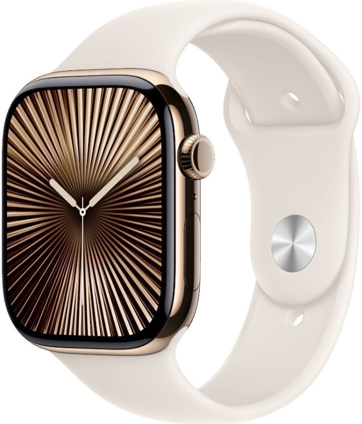 Apple Watch Series 10 (Cellular + GPS) - 64GB - 46mm - Gold Titanium Case with Starlight Rubber Sport Band - One Size