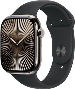 Apple Watch Series 10 (Cellular + GPS) - 64GB - 46mm - Natural Titanium Case with Black Rubber Sport Band - One Size