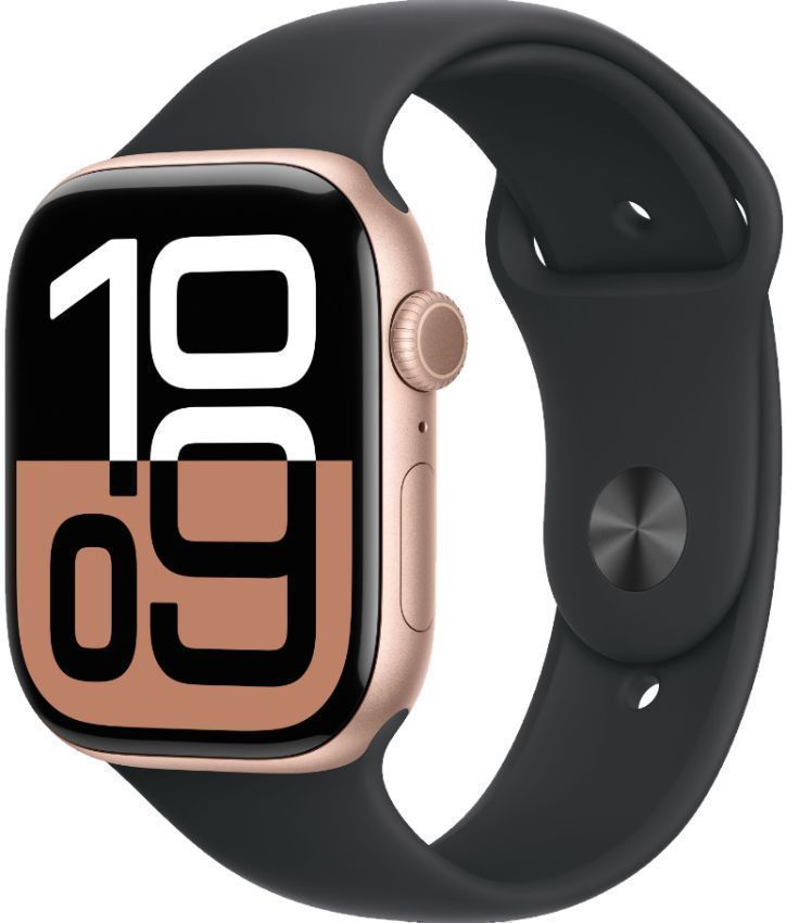 Apple Watch Series 10 (GPS) - 64GB - 42mm - Rose Gold Aluminum Case with Black Rubber Sport Band - S/M Size