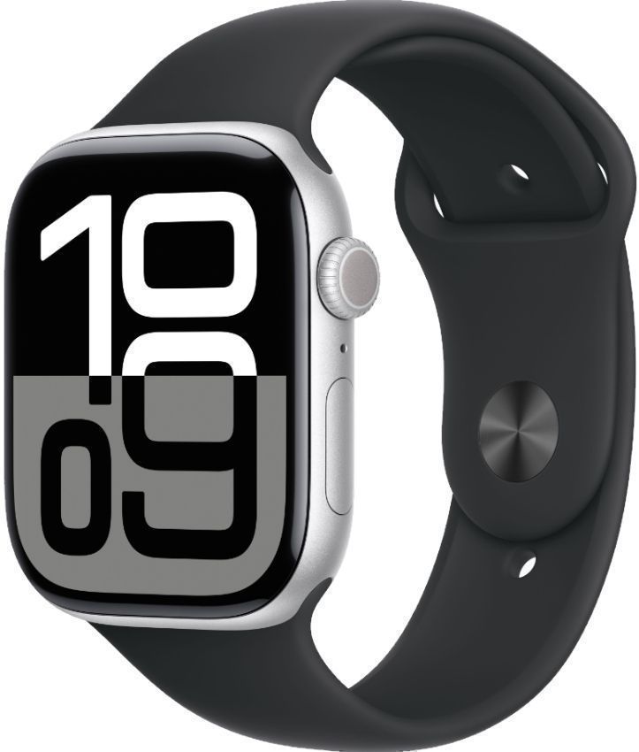 Apple Watch Series 10 (GPS) - 64GB - 46mm - Silver Aluminum Case with Black Rubber Sport Band - M/L Size