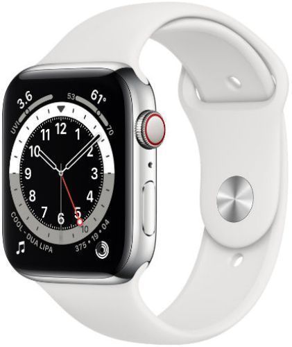 Apple Watch Series 6 (Cellular + GPS) - 32GB - 44mm - Silver Stainless Steel Case with White Rubber Sport Band
