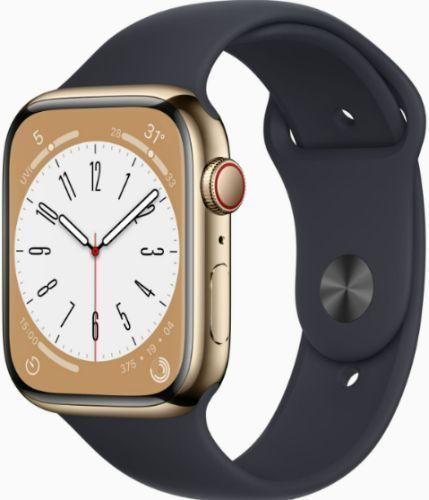 Apple Watch Series 8 (Cellular + GPS) - 32GB - 45mm - Gold Stainless Steel Case with Midnight Rubber Sport Band