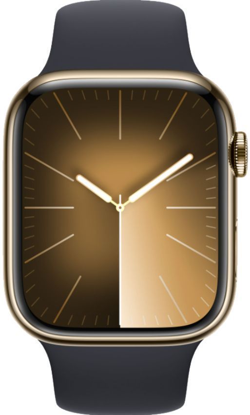 Apple Watch Series 9 (Cellular + GPS) - 64GB - 45mm - Gold Stainless Steel Case with Midnight Rubber Sport Band - Medium/Large Size