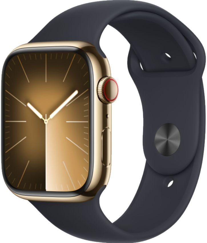 Apple Watch Series 9 (Cellular + GPS) - 64GB - 45mm - Gold Stainless Steel Case with Midnight Rubber Sport Band - Medium/Large Size