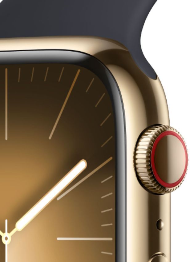 Apple Watch Series 9 (Cellular + GPS) - 64GB - 45mm - Gold Stainless Steel Case with Midnight Rubber Sport Band - Medium/Large Size