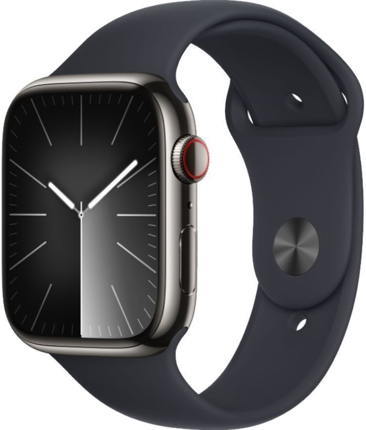 Apple Watch Series 9 (Cellular + GPS) - 64GB - 41mm - Graphite Stainless Steel Case with Midnight Rubber Sport Band - Small/Medium Size