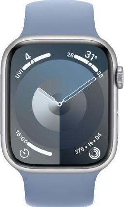 Apple Watch Series 9 (Cellular + GPS) - 64GB - 41mm - Silver Aluminum Case with Winter Blue Textile Solo Loop Band - Small/Medium Size