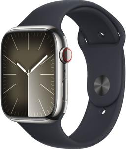 Apple Watch Series 9 (Cellular + GPS) - 64GB - 41mm - Silver Stainless Steel Case with Midnight Rubber Sport Band - Small/Medium Size