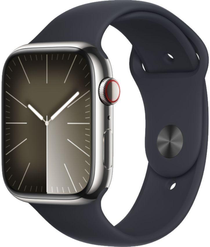 Apple Watch Series 9 (Cellular + GPS) - 64GB - 41mm - Silver Stainless Steel Case with Midnight Rubber Sport Band - Small/Medium Size