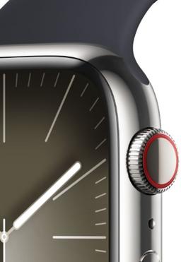 Apple Watch Series 9 (Cellular + GPS) - 64GB - 41mm - Silver Stainless Steel Case with Midnight Rubber Sport Band - Small/Medium Size