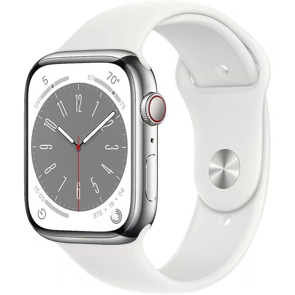Apple Watch Series 9 (Cellular + GPS) - 64GB - 45mm - Silver Stainless Steel Case with White Rubber Sport Band - Small/Medium Size