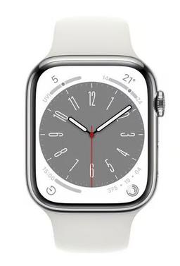 Apple Watch Series 9 (Cellular + GPS) - 64GB - 45mm - Silver Stainless Steel Case with White Rubber Sport Band - Small/Medium Size