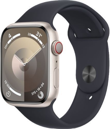 Apple Watch Series 9 (Cellular + GPS) - 64GB - 45mm - Starlight Aluminum Case with Midnight Rubber Sport Band - One Size