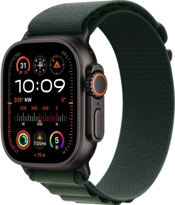 Apple Watch Ultra 2 (Cellular + GPS) - 64GB - 49mm - Black Titanium Case with Dark Green Textile Alpine Loop Band - One Size