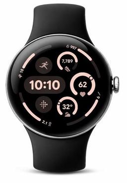 Google Pixel Watch 3 (Bluetooth + LTE) - 32GB - 45mm - Polished Silver 100% Recycled Aluminum Case with Obsidian Fluoroelastomer Active Band