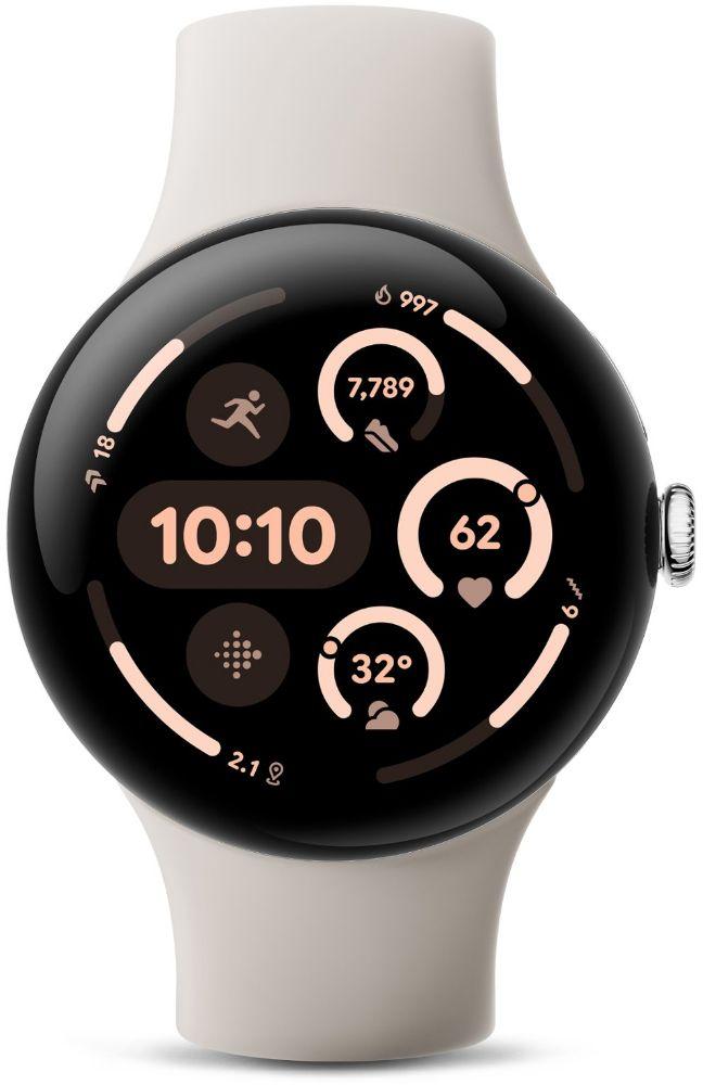 Google  Pixel Watch 3 - 32GB - Bluetooth - 41mm - Polished Silver - 100% Recycled Aluminum - Porcelain - Active Band - Fluoroelastomer - Excellent