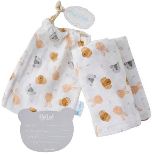 Jiggle & Giggle  Muslin Wrap & Arrival Card - Animal Faces - Over Stock