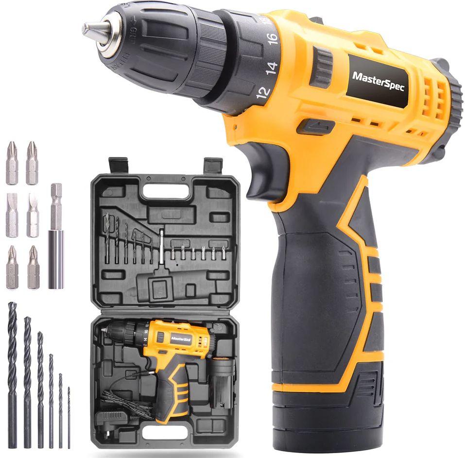 MasterSpec  12V Cordless Drill Driver Screwdriver Accessories w/ Battery Charger - Yellow/Black (Two Battery) - Brand New