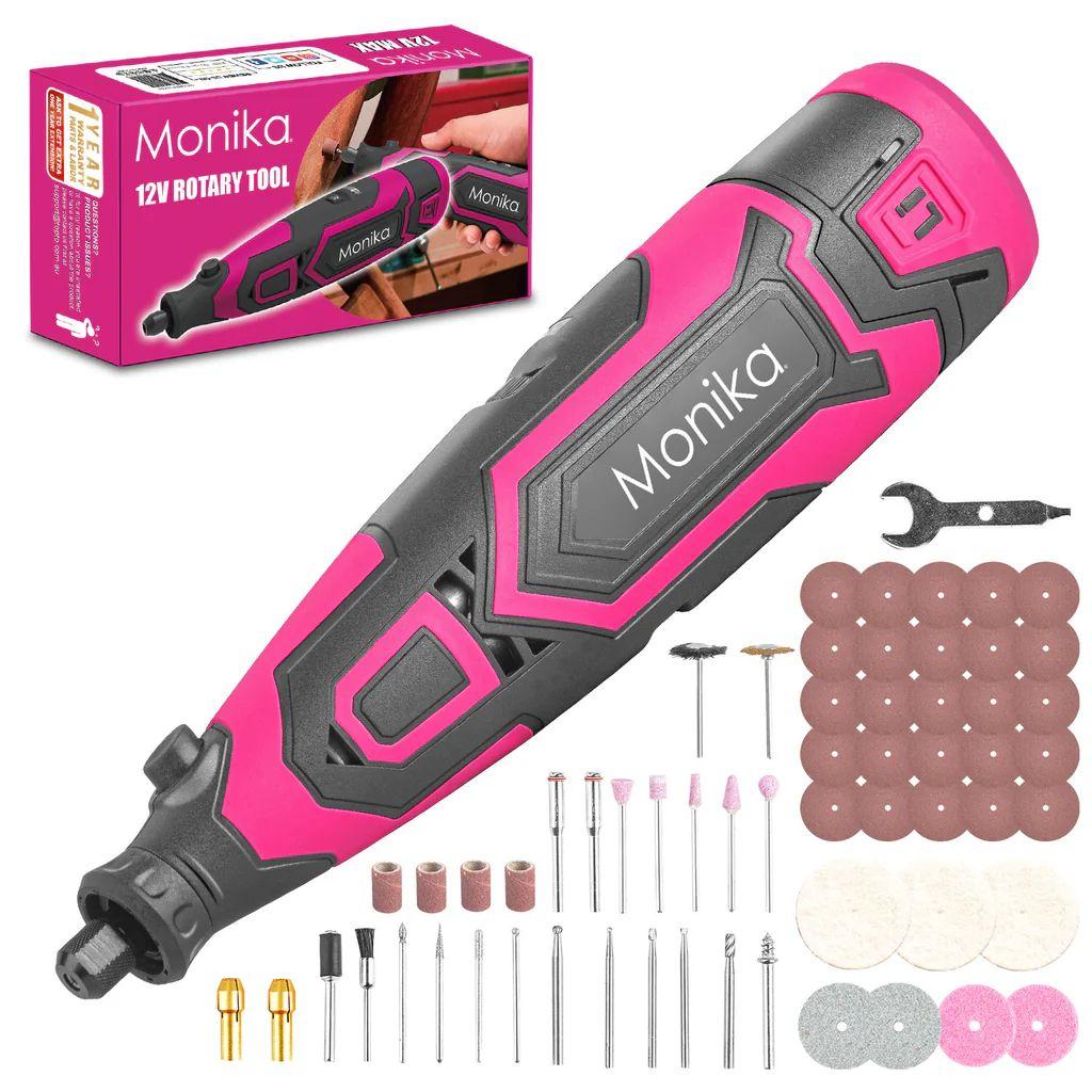 Monika  12V Cordless Rotary Tool Pink Variable Speed Engraver Grinder Multi Accessories - Pink/Black - Brand New