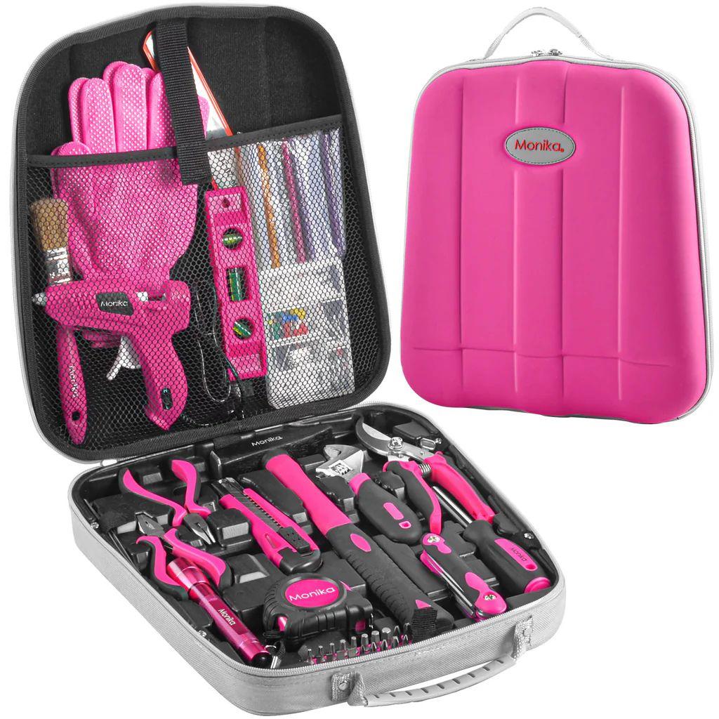 Monika  (159Pcs) Pink Tool Kit Portable Household Tool Set Dual Temp Glue Gun Stick - Pink/Black - Brand New