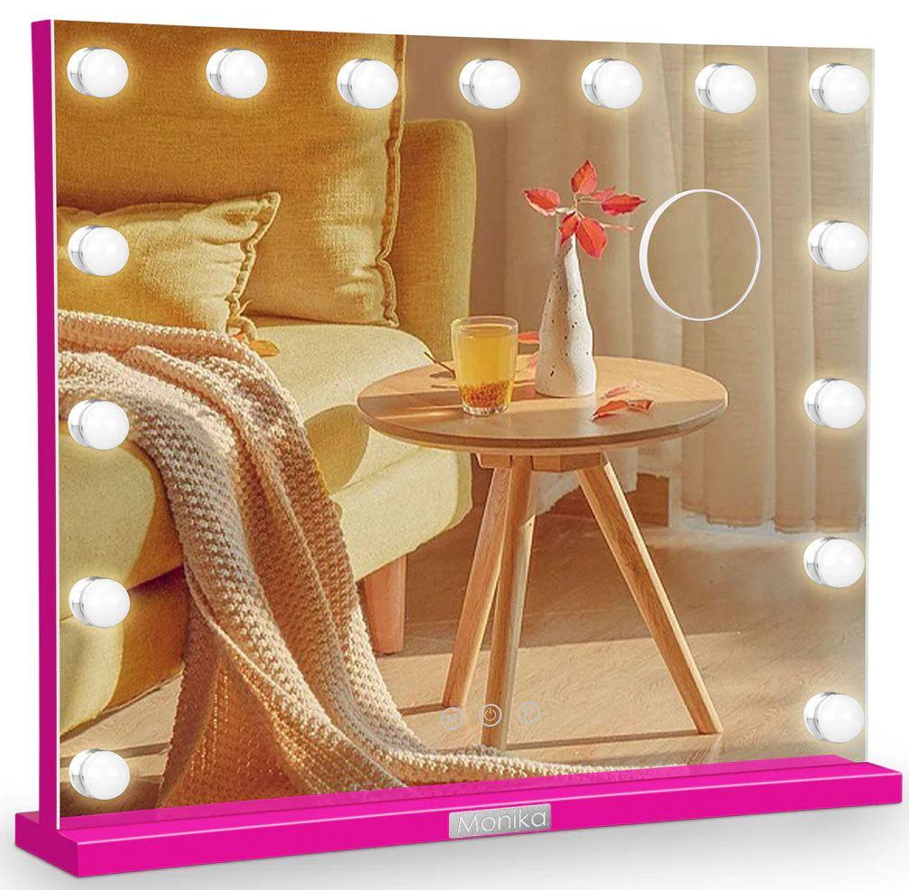 Monika  Makeup Mirror w/ Dimmable Lights 15 LED Lighted Vanity Mirrors Wall (60x52cm) - Pink - Brand New