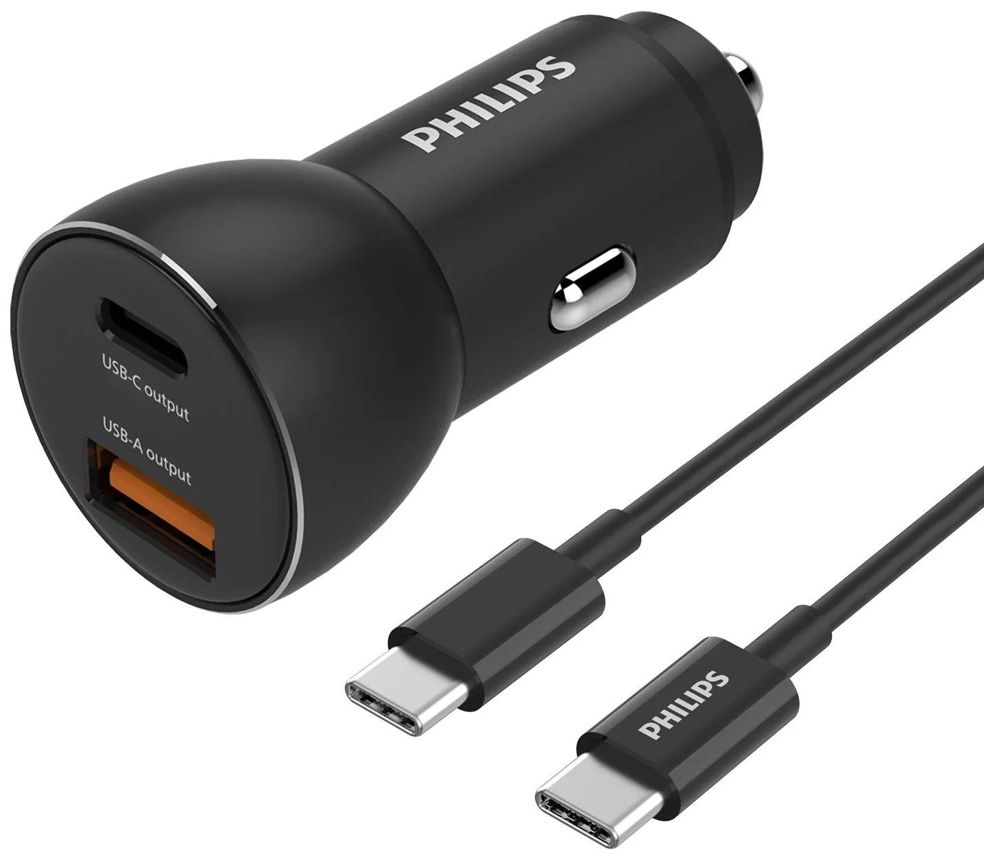Philips  QC+PD Car Charger with USB-C to USB-C Cable DLP2521C - Black - Brand New