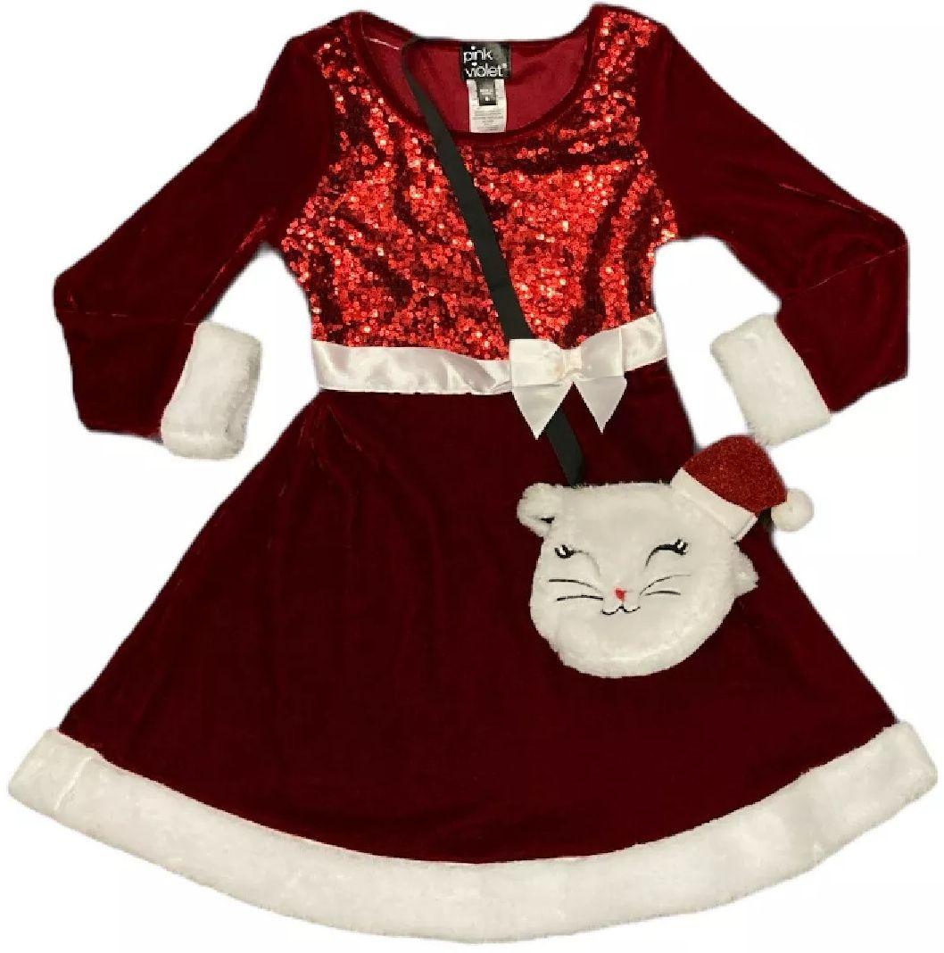Pink & Violet Holiday Girl's Dress with Cat Purse 4T