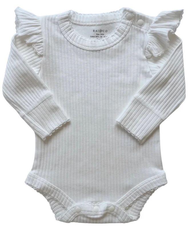 Rai & Co  Frill Basic Long Sleeve Bodysuit (Size 00) - White - Over Stock