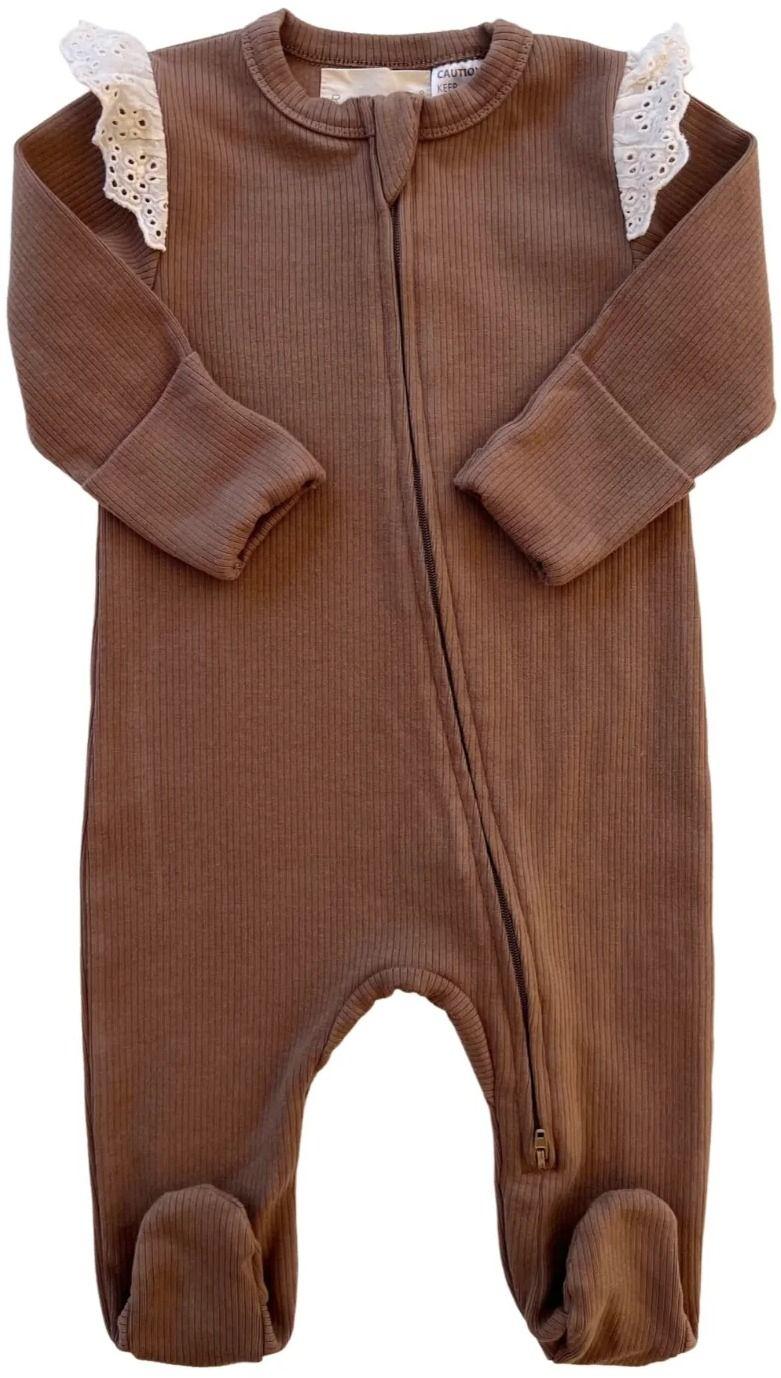 Rai & Co  Lace Frill Footed Jumpsuit (Size 0) - Chocolate - Over Stock