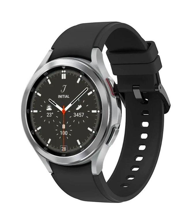 Samsung Galaxy Watch4 (Bluetooth) - 16GB - 46mm - Silver Classic (Stainless Steel) Case with Black Fluoroelastomer Ridge Sports Band