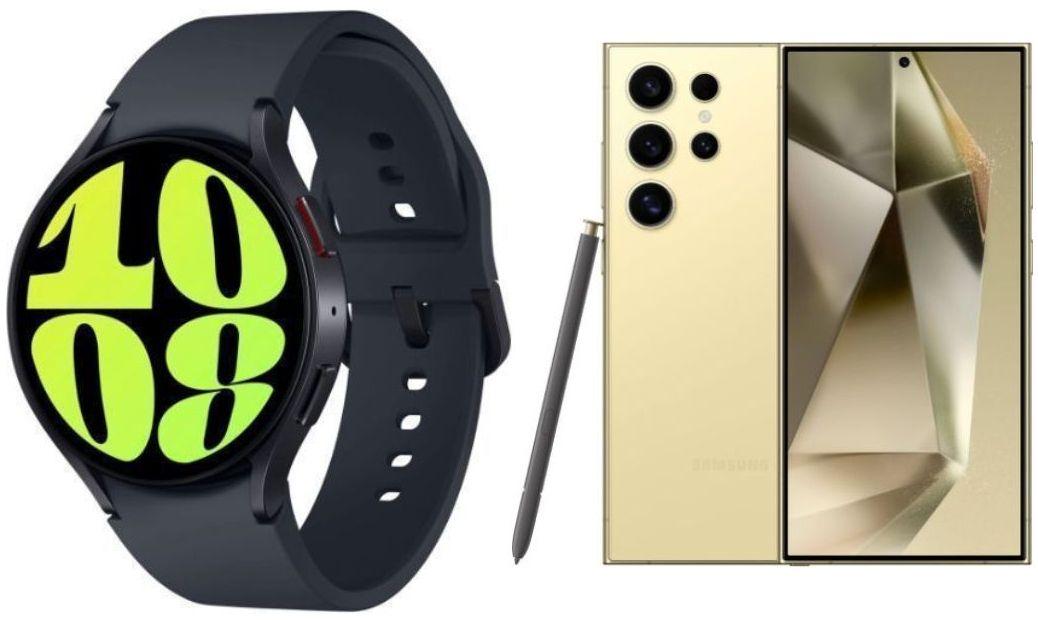 Samsung Galaxy Watch6 - 16GB - Graphite-Aluminum-Sports Band-Black - Bluetooth + LTE - 44mm - Graphite - Aluminum - Black - Sports Band - Fluoroelastomer + Samsung Galaxy S24 Ultra - 256GB - Titanium Yellow - Single Sim - Excellent