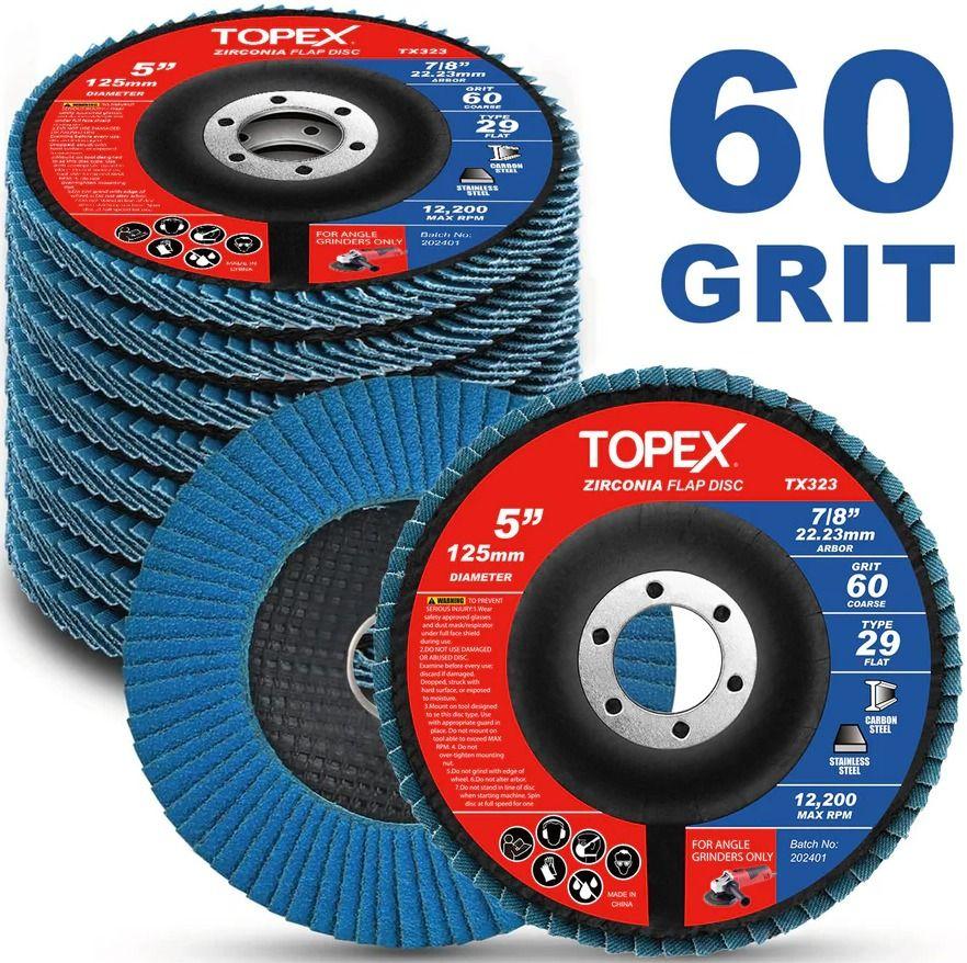 Topex  125mm Zirconia Flap Disc 60 Grit 10 Pack - Blue - Brand New