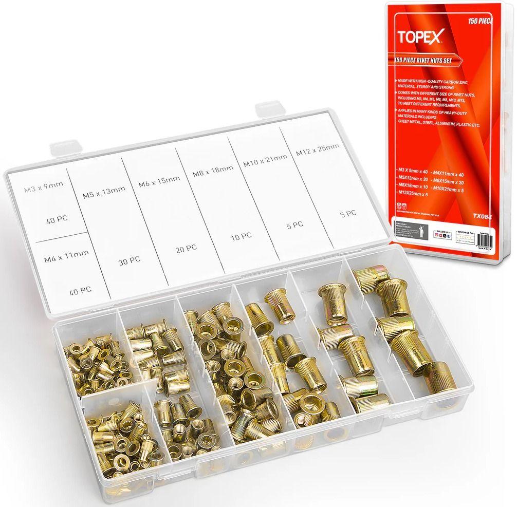 Topex  150 PCS Rivet Nut Bolt Steel M3-M12 - Zinc - Brand New