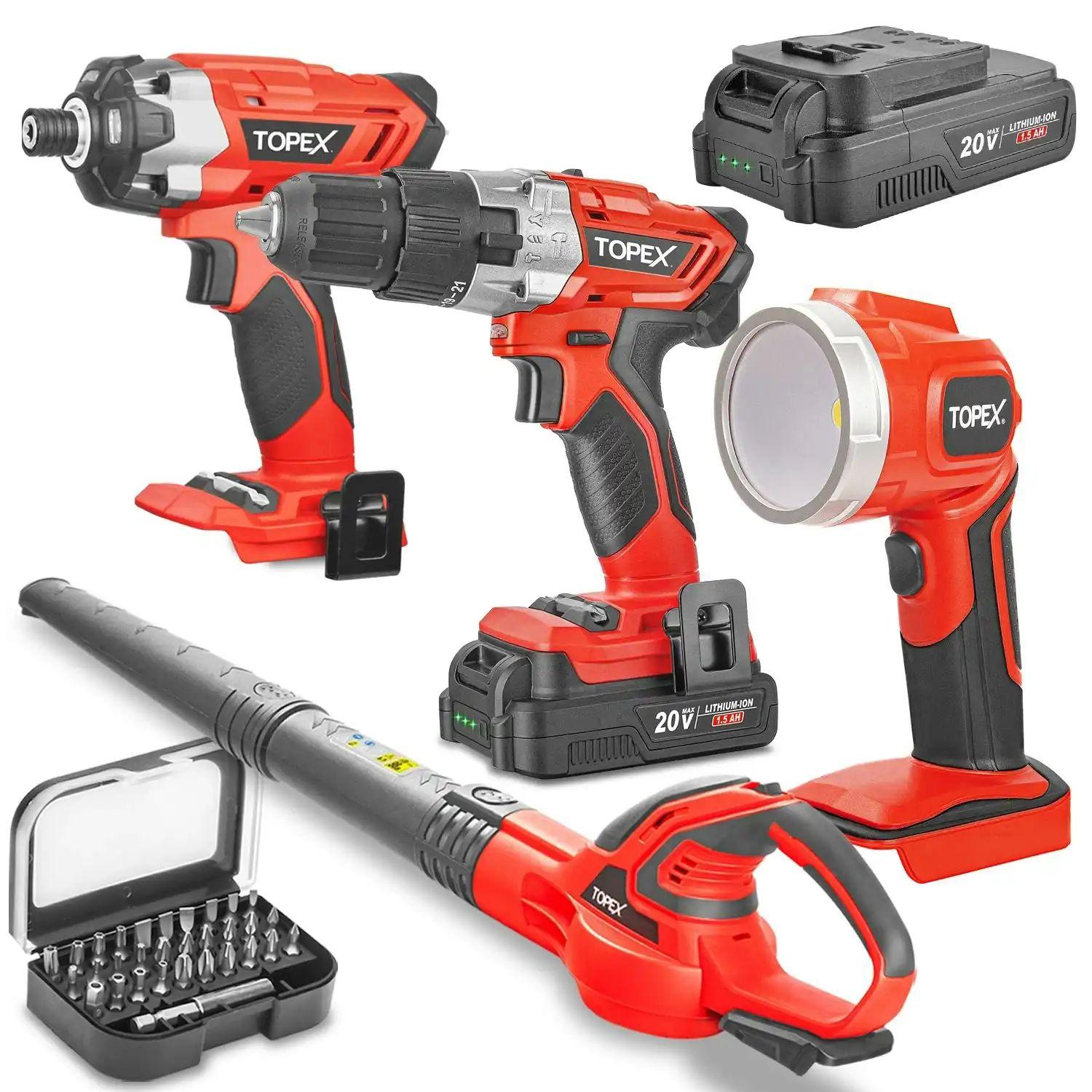 Topex  20V Combo Kit Hammer Drill Impact Driver Light Leaf Blower w/ 2 Batteries - Black/Red - Brand New