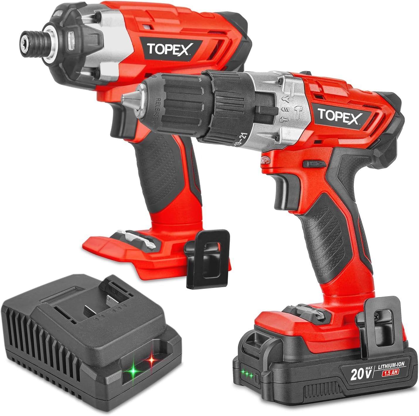 Topex  20V Cordless Combo Kit Hammer Drill & Impact Driver with Fast Charger - Red - Brand New