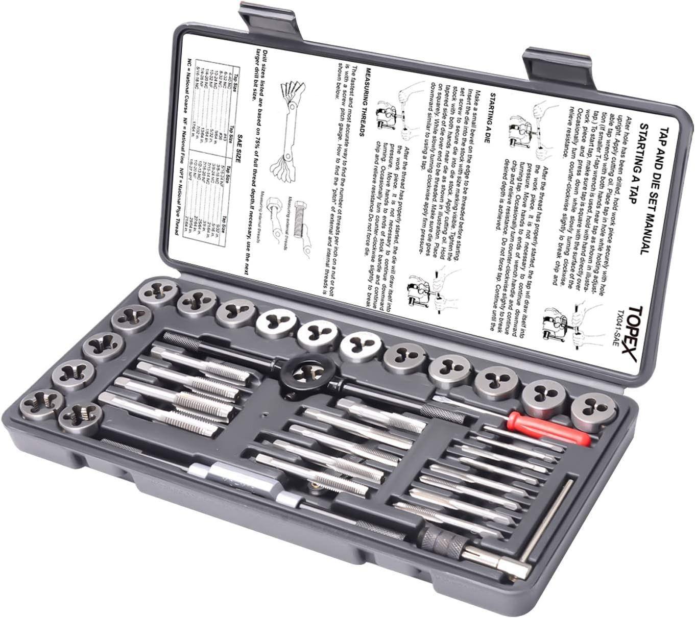 Topex  40 PCs Metric Imperial Tap and Die Set Screw Thread Drill Kit Pitch Gauge M3-M12 - Default (Imperial) - Brand New