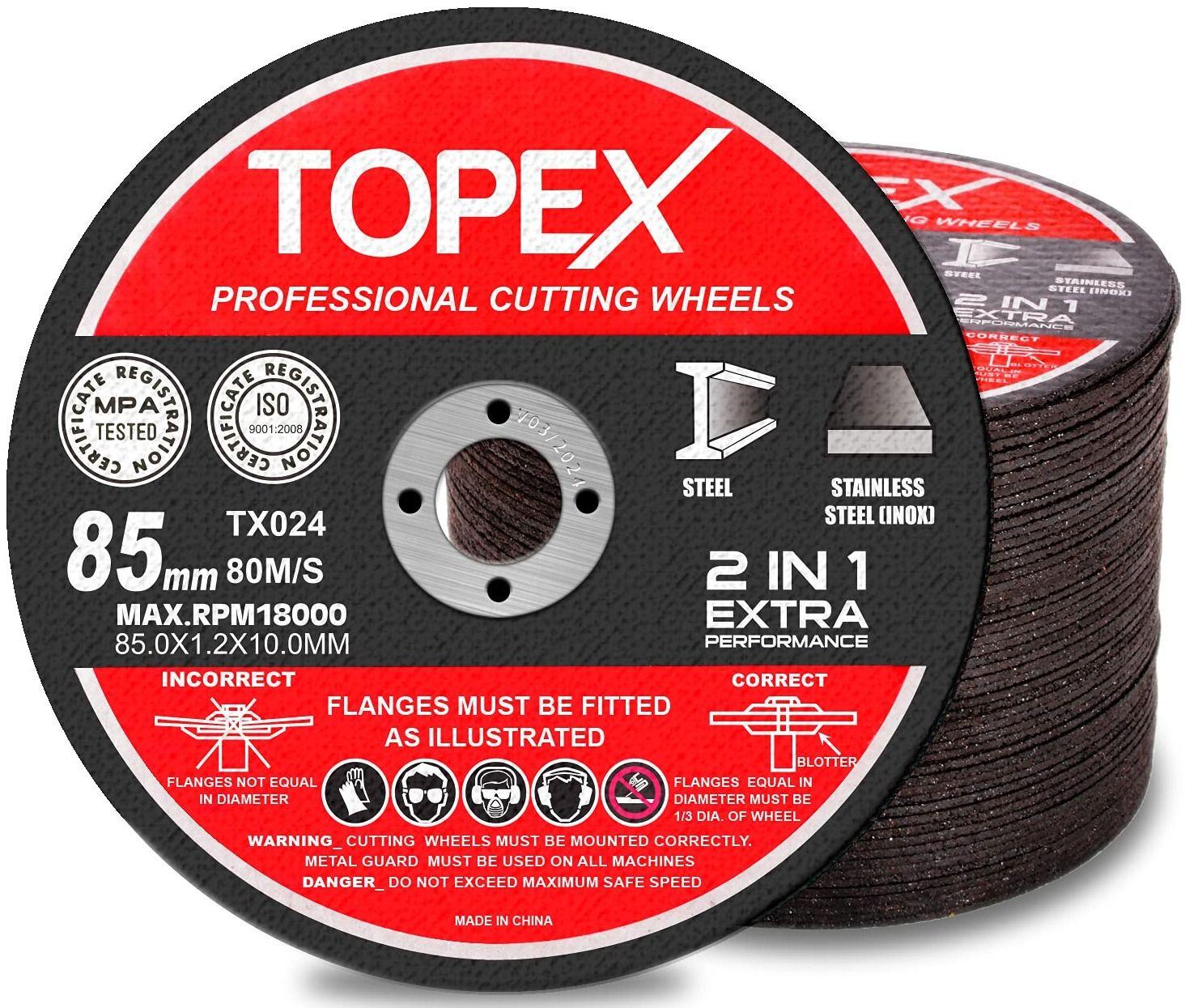 Topex  50-Piece 85mm Professional Cutting Wheels Discs 2-in-1 Steel Inox Ultra Thin - Black - Brand New