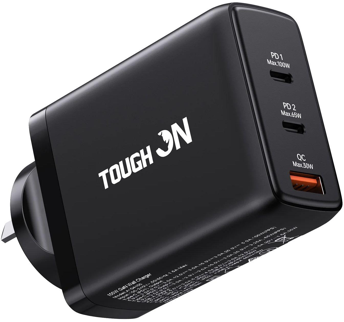 Tough On  100W 3 Port PD & QC 3.0 Fast Wall Charger - Black - Brand New