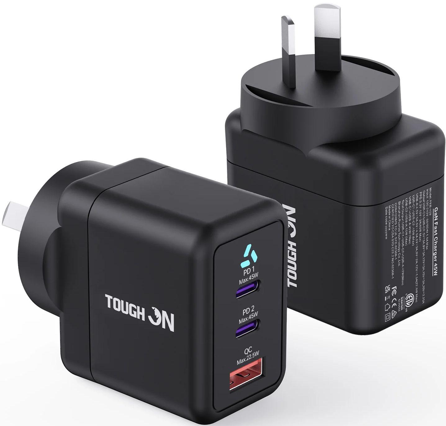Tough on  45W 3 Port PD & QC 3.0 Fast Wall Charger - Black - Brand New