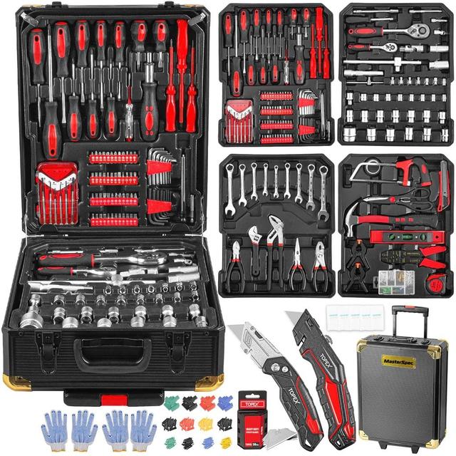 MasterSpec  1240pcs Tool Box Trolley Tool Set DIY Hand Tool Set w/ 2 Utility Knife in Black/Red in Brand New condition