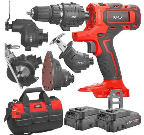 Topex  20V 5-in-1 Power Tool Combo Kit Cordless Drill Driver Sander Electric Saw w/ 2 Batteries & Tool Bag - Black/Red - Brand New