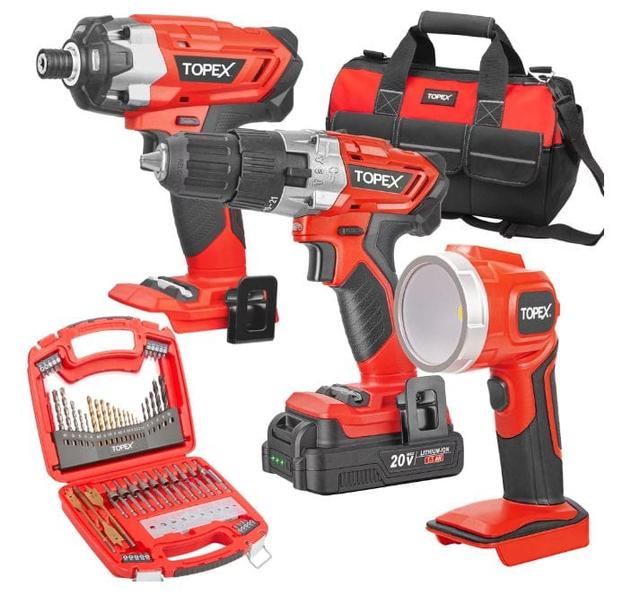 Topex  20V Cordless Hammer Drill Impact Driver Power Tool Combo Kit w/ Drill Bits & Tool Bag in Black/Red in Brand New condition