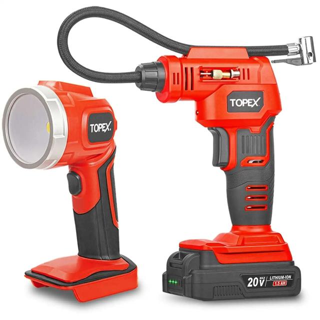 Topex  20V Cordless Combo Kit Tyre Inflator w/ Lightweight LED Torch (One Battery Included) in Black/Red in Brand New condition