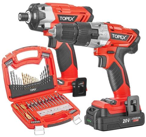 Topex  20V Cordless Hammer Drill Impact Driver Power Tool Combo Kit w/ Drill Bits - Black/Red - Brand New