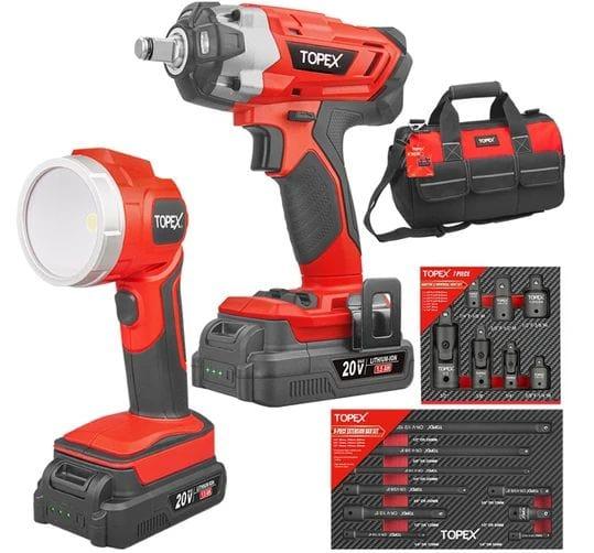 Topex  20V Cordless Combo Kit Impact Wrench Driver 7-piece Socket Adaptor 9-Piece Extension Bar Set 20V LED Light w/ Tool Bag in Black/Red in Brand New condition